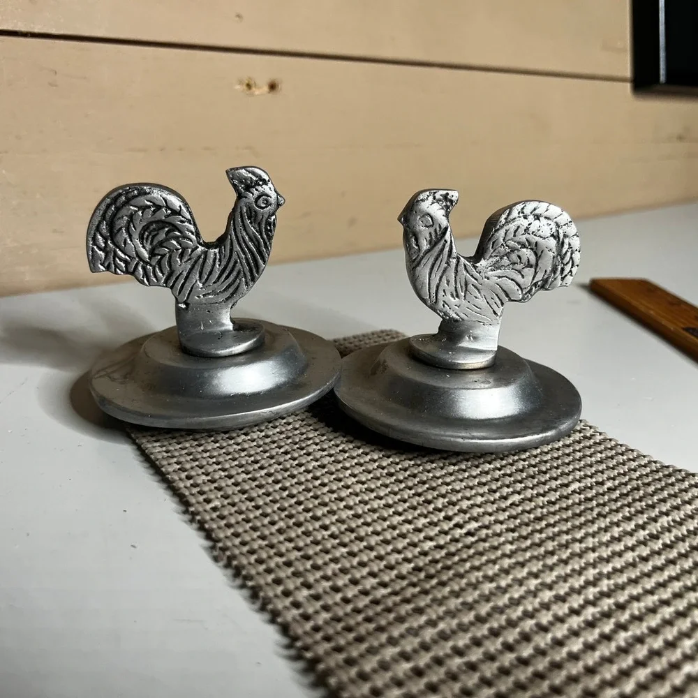 Vintage Farmhouse Cast Metal Rooster Pot Lid Knobs Silver Tone Finials Set of 2